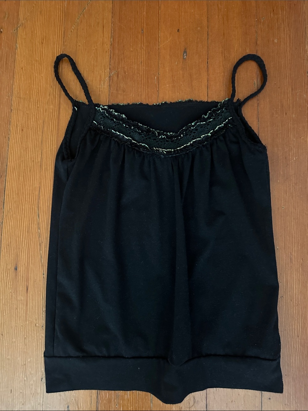 Black Lace Trim Metallic Shimmer Camisole Braided Spagetti Strap Tank Top Y2K